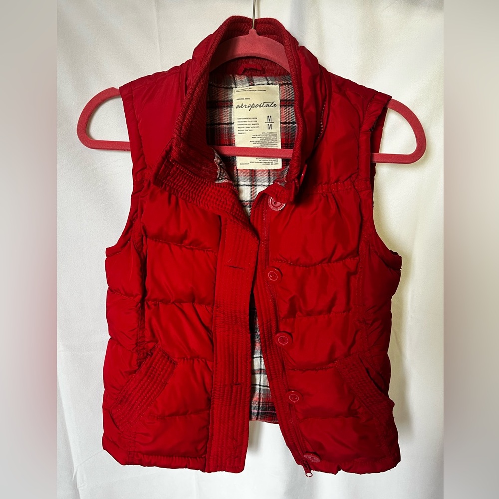 Aeropostale Size Medium Red Quilted Puffer Zip Front Vest Flannel Plaid Inside